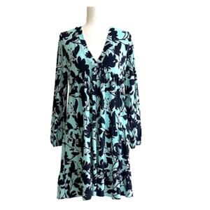 Honeyme Dress Light Blue Navy Floral Print Boho V-Neck Long Sleeve Tiered Small
